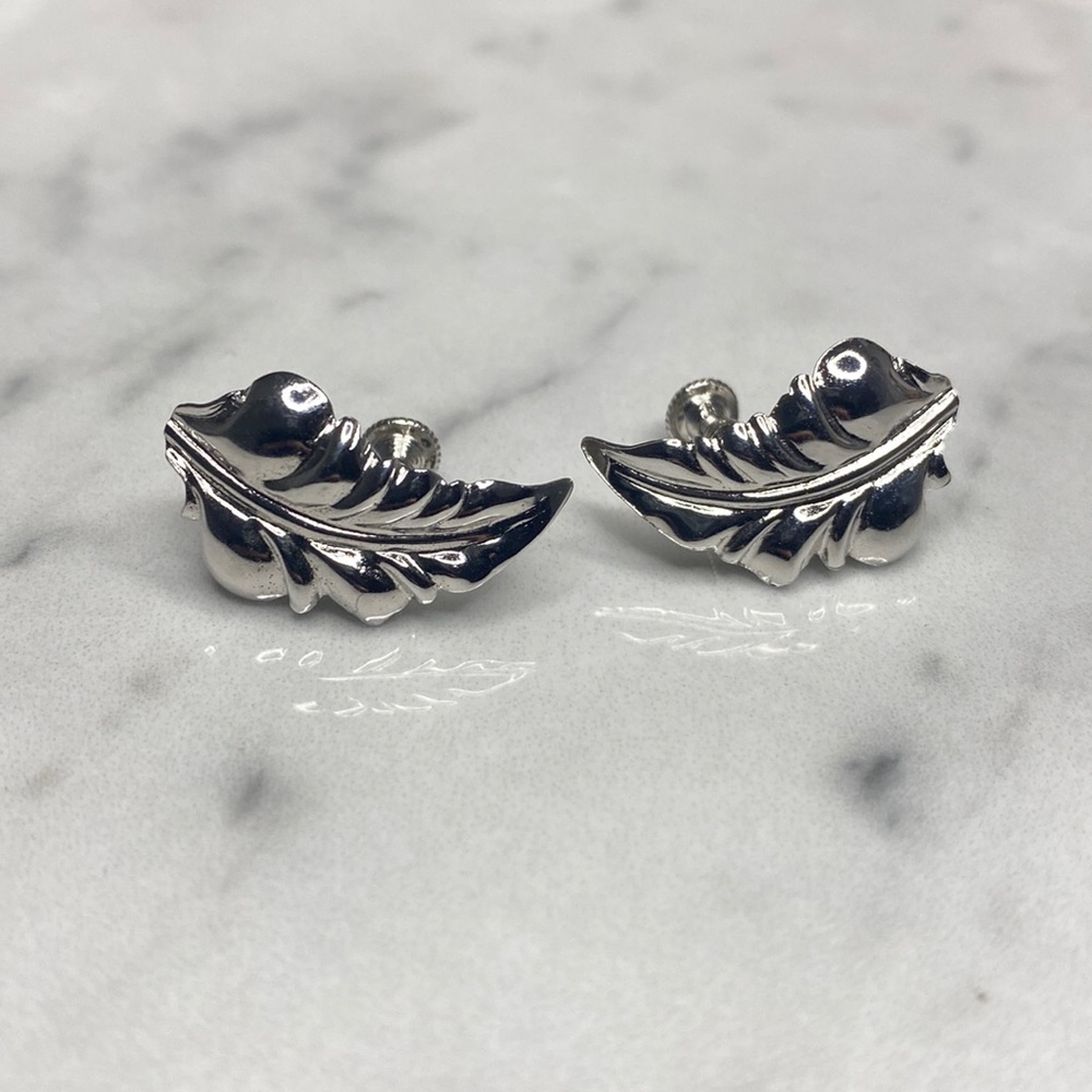 Sterling silver screw-back leaf statement earrings clip‎ on